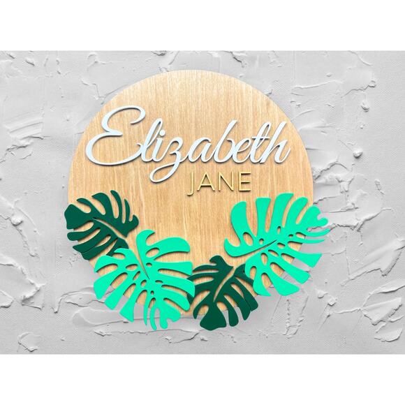 Custom Wooden Name Sign - Modern Tropical Monstera Leaves Personalized Gift - Picture 1 of 10